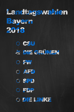 Die dominantesten bayerischen Parteien bei der Landtagswahl am 14. Oktober 2018 in Bayern mit Kreuzchen bei den Grünen geschrieben mit Kreide auf Tafel