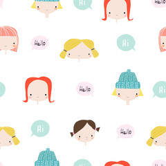 Obraz premium Cute little girls seamless pattern with speech bubbles. 