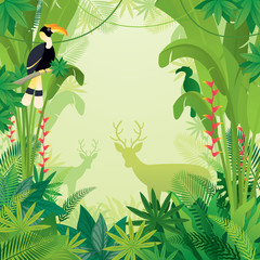 Hornbill and Deer in Tropical Jungle Background, Forrest, Rainforest, Plant and Nature  © muchmania