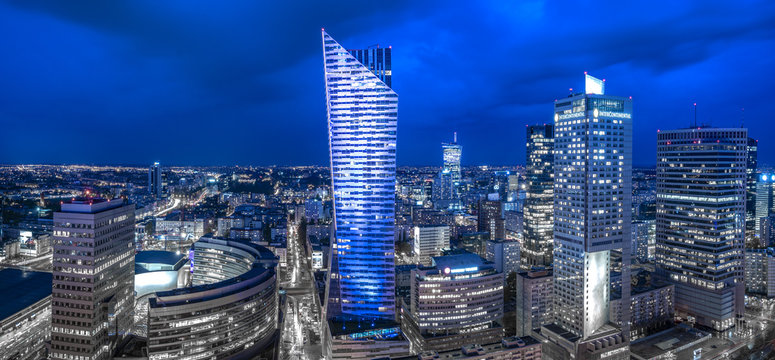 Fototapeta Panoramic view of Warsaw downtown during the night