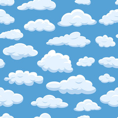 Clouds seamless pattern on blue sky background cloudy bright vector cloudscape. Nature air weather fluffy white cloud illustration.