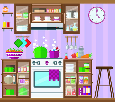 Interior kitchen with many cabinets, utensils and kitchenware.