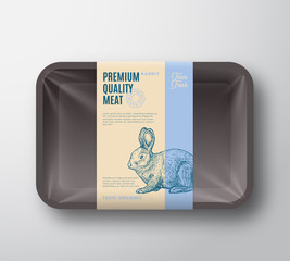 Premium Quality Rabbit Pack. Abstract Vector Meat Plastic Tray Container with Cellophane Cover. Packaging Design Label. Modern Typography and Hand Drawn Rabbit Silhouette Background Layout.