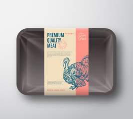 Premium Quality Turkey Pack. Abstract Vector Poultry Plastic Tray Container with Cellophane Cover. Packaging Design Label. Modern Typography and Hand Drawn Turkey Silhouette Background Layout.
