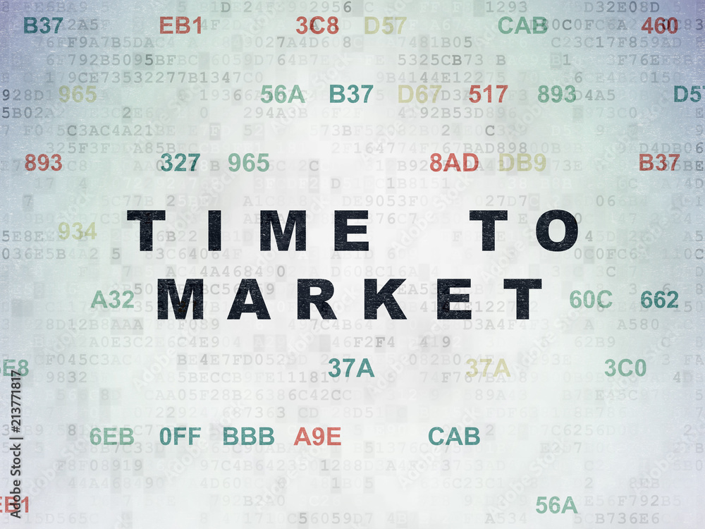 Poster timeline concept: painted black text time to market on digital data paper background with hexadecima