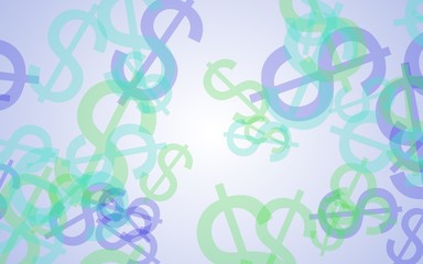 Multicolored translucent dollar signs on white background. Green tones. 3D illustration