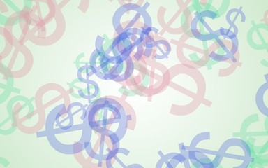 Multicolored translucent dollar signs on white background. Green tones. 3D illustration