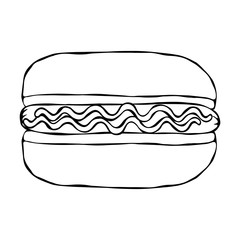Hotdog. Bun, Sausage, Ketchup, Mustard. Fast Food Collection. Hand Drawn High Quality Traced Vector Illustration. Doodle Style.