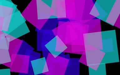 Multicolored translucent squares on dark background. Pink tones. 3D illustration