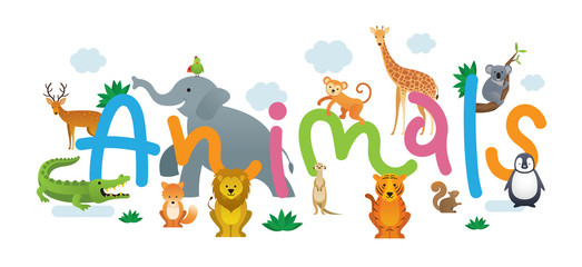 Fototapeta na wymiar Group of Wild Animals, Zoo, Kids and Cute Cartoon Style