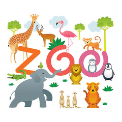  Group of Wild Animals, Zoo, Kids and Cute Cartoon Style