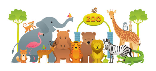 Obraz premium Group of Wild Animals, Zoo, Entrance Sign, Kids and Cute Cartoon Style