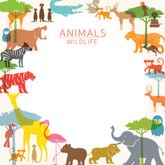 Group of Wild Animals, Zoo, Frame, Silhouette, Colourful Shape - obrazy, fototapety, plakaty