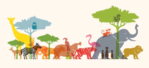 Fotobehang Groep wilde dieren, dierentuin, silhouet, kleurrijke vorm © muchmania