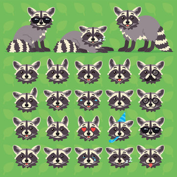 Cute raccoon in different poses and emotions. Vector illustration of racoon constuctor on blue background. Emoji. Emoticon. Element for design. Coon with striped tail in flat cartoon style. Collection