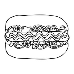 Hotdog. Bun, Sausage, Ketchup, Mustard, Salad Leave Herbs, Red Onion, Jalapeno Pepper. Fast Food Collection. Hand Drawn High Quality Traced Vector Illustration. Doodle Style.