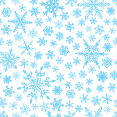 Fototapeta na wymiar Christmas seamless pattern of snowflakes, light blue on white background.