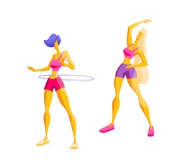 Fototapeta premium Beautiful slender girls are engaged in fitness Flexibility exercises, body tilts, gymnastic hoop