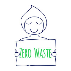 Zero waste concept. Environment protection poster. Zero waste illustration. Smiling girl with Zero waste sign in her hands. Zero waste sign. Vector illustration.