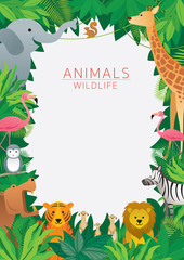 Wild Animals in Jungle, Frame, Kids and Cute Cartoon Style
