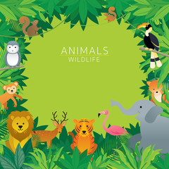 Wild Animals in Jungle, Frame, Kids and Cute Cartoon Style