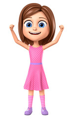Girl in pink dress with raised hands up on a white background. 3d render illustration.