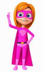 Girl in a pink superhero costume on a white background. 3d render illustration.