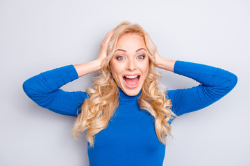 Portrait of sexy, stylish, pretty, cute, charming, nice, full of happiness, excited, blonde woman...