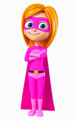 Girl in a pink superhero costume. Hands on chest. 3d render illustration.