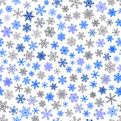 Christmas seamless pattern of snowflakes, gray and blue on white background.