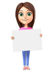 Cheerful girl in a pink T-shirt and jeans is holding an empty board. 3d render illustration.