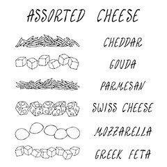 Assorted Popular Cheese Kinds Set. Grated Chedder, Parmesan, Gouda, Swiss, Feta Cubes, Mini Mozzarella. Pizza Ingredients. Hand Drawn High Quality Clean Vector Realistic Illustration. Doodle Style.