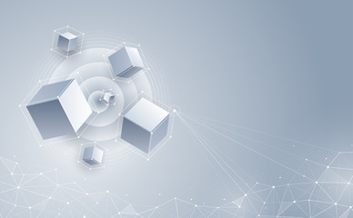 Vector 3d cubic abstract background. Background with connection geometric cubes. Science and technology. Big data and Internet connection. Vector illustration.