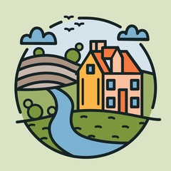 Naklejka premium Circular logotype with farmhouse, hills covered with cultivated fields and river drawn in lineart style