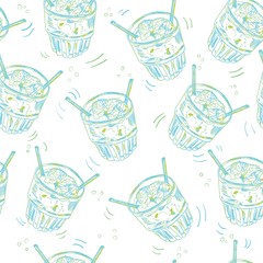 Seamless vector pattern with moscow mule cocktail hand drawn ink illustration on white background