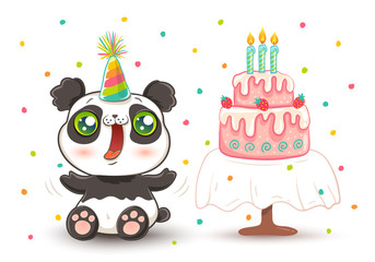 Cute panda in birthday hat.