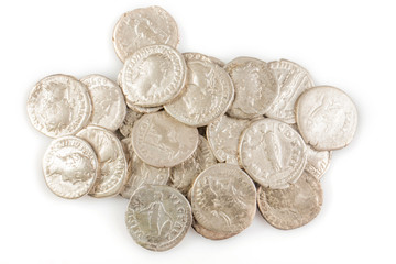 Roman denarius lie on a white background, the era of the Antonines, Marcus Aurelius, Antoninus Pius, Commodus, Caesar