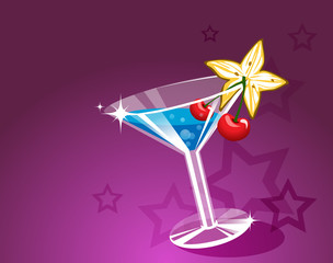 vector illustration of cocktail, glass, cherries, flower, glitter, liquor, blue