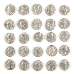 Roman denarius lie on a white background, the era of the Antonines, Marcus Aurelius, Antoninus Pius, Commodus, Caesar
