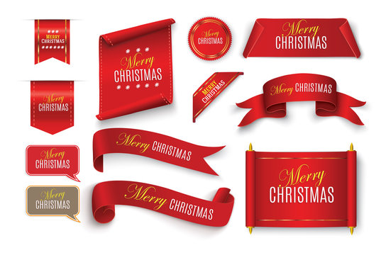 Realistic Red paper banners set. Merry Christmas. Vector illustration.