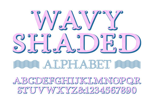 Wavy shaded alphabet with numbers in vintage style.