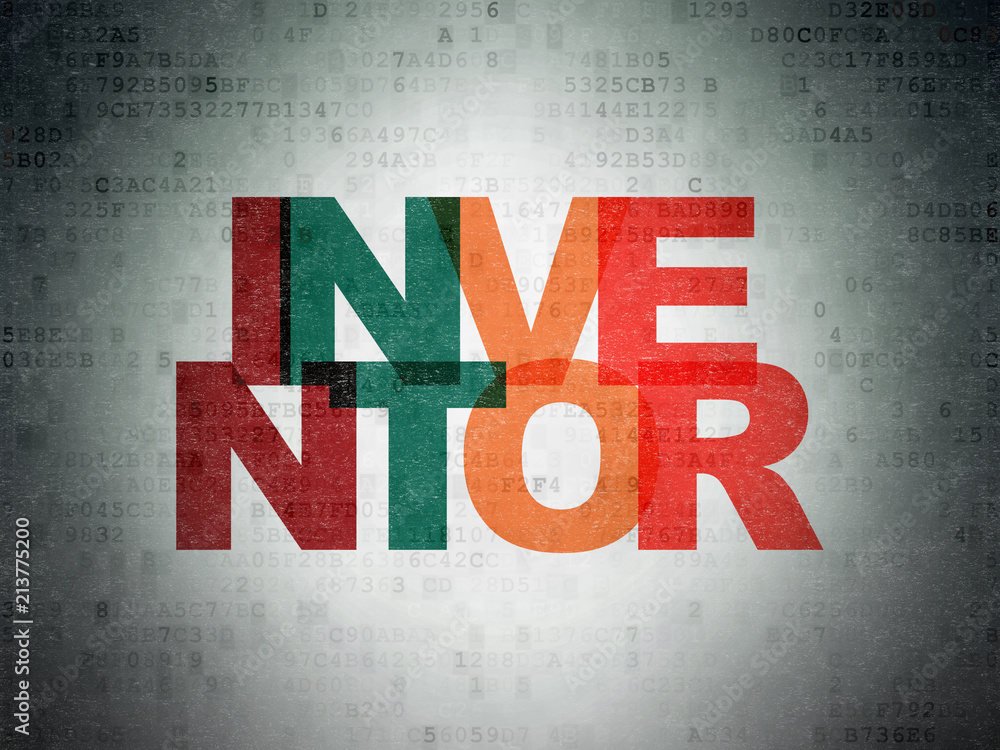 Aufkleber science concept: painted multicolor text inventor on digital data paper background