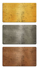Gold, silver, copper metal plates over white