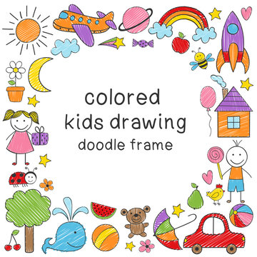frame with colored kids drawing -  vector illustration, eps