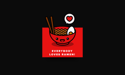 Everybody Loves Ramen Pun Poster Vector Illustration in Flat Style Line Art