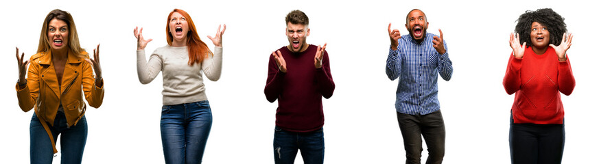 Group of cool people, woman and man terrified and nervous expressing anxiety and panic gesture,...