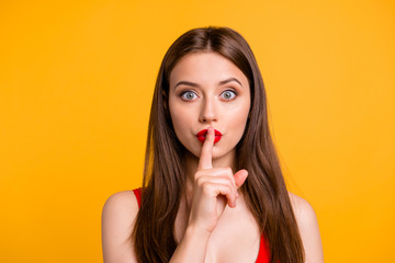 Top secret! Do not say to anyone! Close up photo portrait of attractive funky funny beautiful...