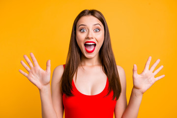 Close up portrait of  amazed girl gesturing shock, extremely happy, with wide open eyes and mouth,...