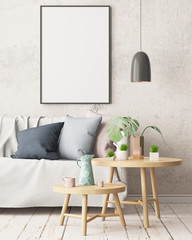 Mock up poster in an interior in Scandinavian style with a sofa. 3D rendering