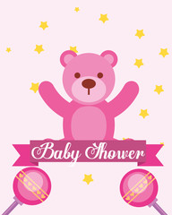 Obraz na płótnie Canvas pink toy bear rattles baby shower invitation card